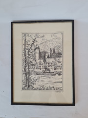 Картина винтажная в черно-белых тонах &quot;г. Эбербах&quot; O.W.Pfilze, 31 x 41 см, Германия, 1960-70гг.