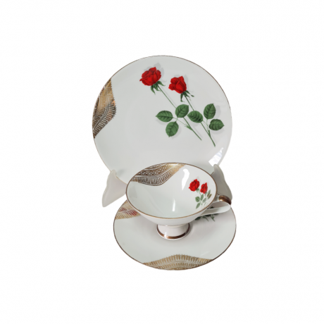 Mitterteich Bavaria Чайное трио "Красные розы" с позолоченным узором на белом фарфоре, Германия, 1960-70гг.