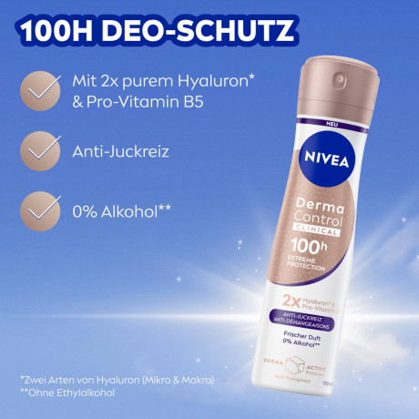 NIVEA Derma Control Clinical Deo Spray, 150 ml, Нивеа Дезодорант антиперспирант спрей, 2x гиалурон и провитамин B5, 100ч защита, 150 мл