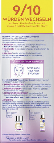 NIVEA Luminous630 Skin Glow Instant Glow Serum, 15 ml, Нивеа Сыворотка для лица, Luminous630 и ниацинамид, мгновенное сияние, сужение пор, 15 мл