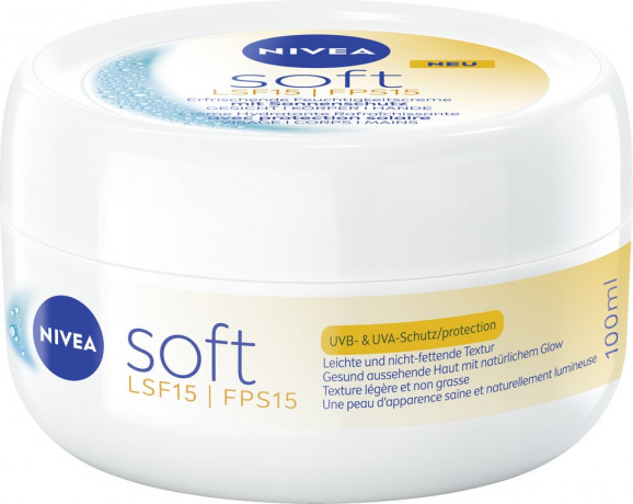 NIVEA Soft Creme LSF 15, 100 ml, Нивеа Освежающий увлажняющий крем, SPF 15, масло жожоба и витамин E, для лица тела и рук, 100 мл