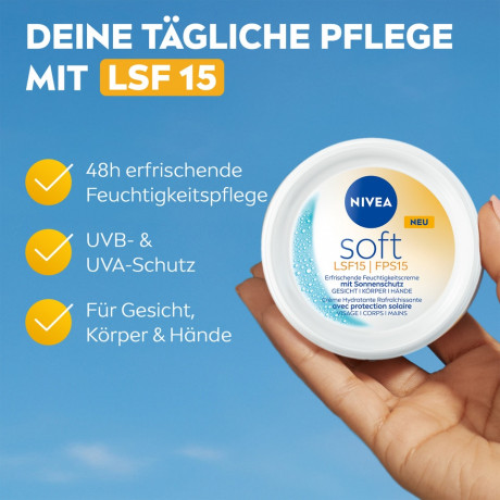 NIVEA Soft Creme LSF 15, 100 ml, Нивеа Освежающий увлажняющий крем, SPF 15, масло жожоба и витамин E, для лица тела и рук, 100 мл
