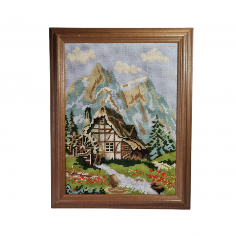 Картина винтажная Goeblin Im Stil "Дом в горах", вышивка в деревянной раме, 46,5 x 36,5 см, Германия, 1960-1970гг.