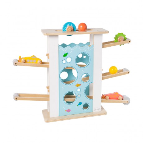 howa Kugelbahn aus Holz mit 6 Rollelementen Деревянная дорожка для мячей с 6 элементами качения.