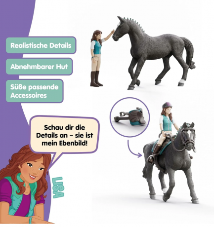 Schleich Horse Club 42712 Лиза и Шторм, Игровая фигурка  девочка-наездница с лошадью, подвижная фигурка, набор из 6 элементов, для детей от 5 лет
