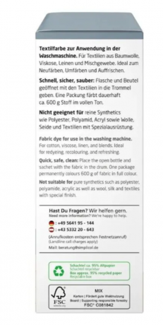 Simplicol Textilfarbe intensiv Elegant Grey, Краска для ткани серая интенсивная, жидкая, для стиральной машины 40 , 150 мл + фиксатор 400 г