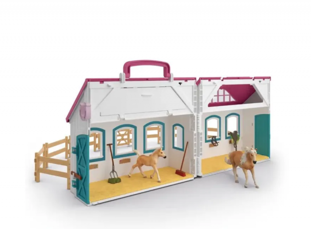 Schleich Horse Club 42703 Игровой набор "Домик маленького подковы", конюшня с лошадью и жеребёнком, фигурки, складной кейс, аксессуары, от 5 лет, Германия