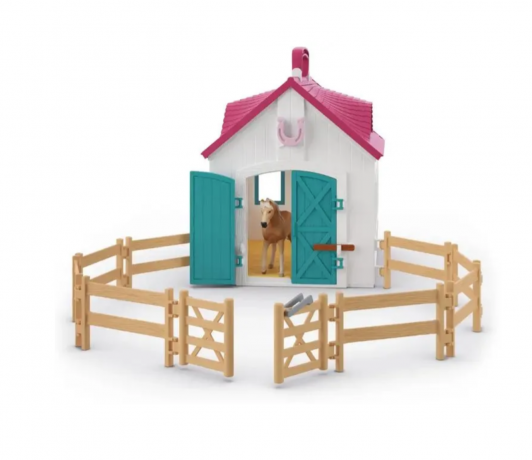 Schleich Horse Club 42703 Игровой набор "Домик маленького подковы", конюшня с лошадью и жеребёнком, фигурки, складной кейс, аксессуары, от 5 лет, Германия
