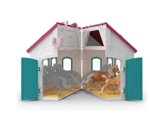 Schleich Horse Club 42703 Игровой набор "Домик маленького подковы", конюшня с лошадью и жеребёнком, фигурки, складной кейс, аксессуары, от 5 лет, Германия