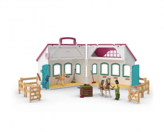 Schleich Horse Club 42703 Игровой набор "Домик маленького подковы", конюшня с лошадью и жеребёнком, фигурки, складной кейс, аксессуары, от 5 лет, Германия