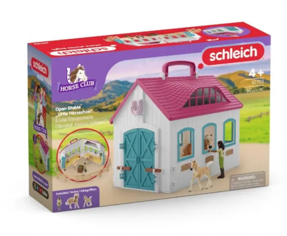Schleich Horse Club 42703 Игровой набор "Домик маленького подковы", конюшня с лошадью и жеребёнком, фигурки, складной кейс, аксессуары, от 5 лет, Германия