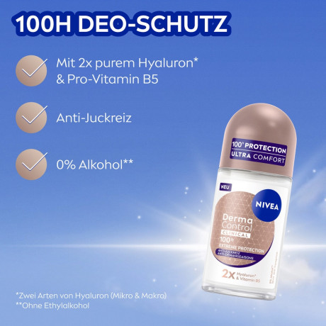 NIVEA Derma Control Clinical Ultra Comfort Deo Roll-On, 50 ml, Нивеа Дезодорант антиперспирант ролик, 2x гиалурон и витамин B5, 100ч защита, против раздражений, 50 мл