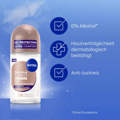 NIVEA Derma Control Clinical Ultra Comfort Deo Roll-On, 50 ml, Нивеа Дезодорант антиперспирант ролик, 2x гиалурон и витамин B5, 100ч защита, против раздражений, 50 мл