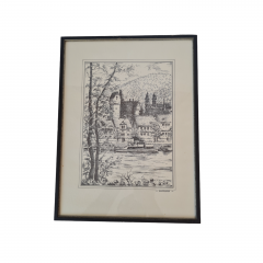 Картина винтажная в черно-белых тонах &quot;г. Неккарштайнах&quot; O.W.Pfilze, 31 x 41 см, Германия, 1960-70гг.