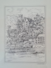 Картина винтажная в черно-белых тонах &quot;г. Неккарштайнах&quot; O.W.Pfilze, 31 x 41 см, Германия, 1960-70гг.