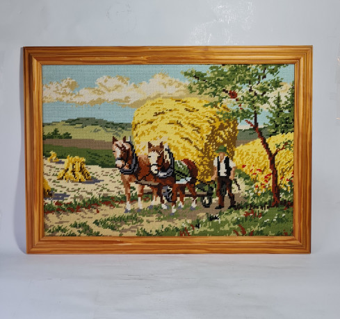 Картина винтажная Goeblin Im Stil "Человек с повозкой и лошадьми", вышивка в деревянной раме, 55 x 40 см, Германия, 1960-1970гг.