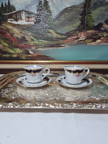 Набор кофейных пар винтажный Wunsiedel Bavaria с сине-золотым декором, фарфор, 2 шт., Германия, 1960-70гг.