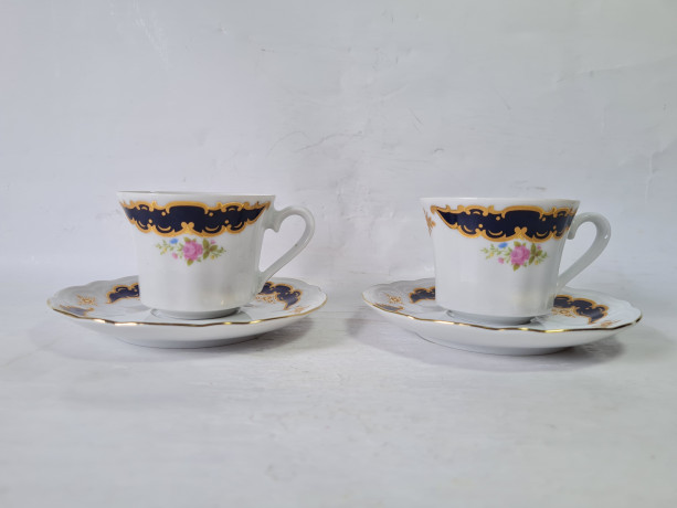 Набор кофейных пар винтажный Wunsiedel Bavaria с сине-золотым декором, фарфор, 2 шт., Германия, 1960-70гг.