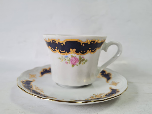 Набор кофейных пар винтажный Wunsiedel Bavaria с сине-золотым декором, фарфор, 2 шт., Германия, 1960-70гг.