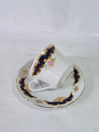 Набор кофейных пар винтажный Wunsiedel Bavaria с сине-золотым декором, фарфор, 2 шт., Германия, 1960-70гг.