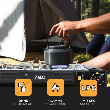 ZMC ZMC Gaskocher 2in1 Campingkocher Grillplatte mit Piezozundung + 8x Gaskartuschen, (2 Flammig Grill Platte Tischgrill Doppel Gasbrenner Gasgrill Kochfeld mit LPG Anschluss Warmeleistung: 2,3KW), Butan Gas 227g Gaskocher Outdoor Camping Gas Kocher Herd 