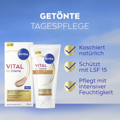 NIVEA VITAL BB Creme Tagespflege Mittlerer Hautton LSF 15, 50 ml, Нивеа BB крем для зрелой кожи, SPF 15, средний тон, выравнивание и anti-age, 50 мл