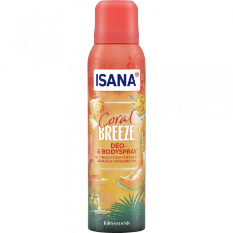ISANA Deo- & Bodyspray Coral Breeze 150ml, Изана Дезодорант-спрей для тела, ананас и медовая дыня, летняя свежесть, 150 мл