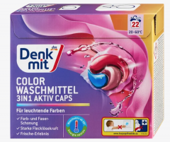 Denkmit Colorwaschmittel 3in1 Aktiv Caps, 22 Wl,  Капсулы для стирки цветного белья 3 в 1 Aktiv Caps (Германия), защита цвета, против стойких пятен, свежий аромат, 22 шт