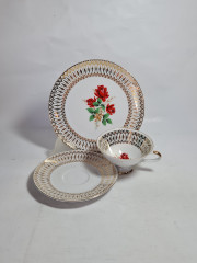 Чайное трио винтажное Winterling Marktleuthen Bavaria с алыми цветами и золотым декором, фарфор, Германия, 1960-70гг.