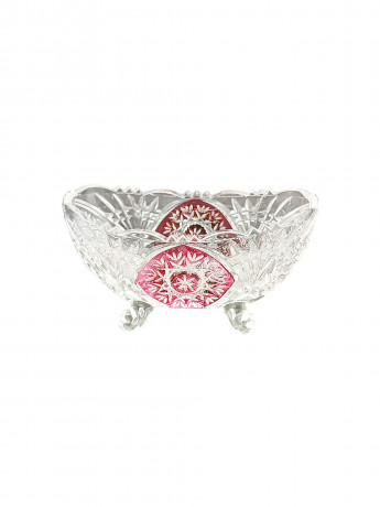 Салатница винтажная Anna Hutte на ножках, с красным декором, хрусталь, 15 х 9 см, Германия, 1970-80гг.