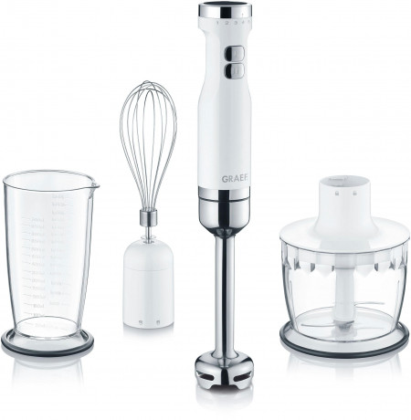 Graef Graef Stabmixer HB 501, 3 teiliges Zubehor Set, weiss, Mixstab, Purierstab, Zerkleinerer Schwarz Ручной блендер Graef HB 501, набор аксессуаров из 3 предметов, белый, палочка для смешивания, палочка для очистки, измельчитель