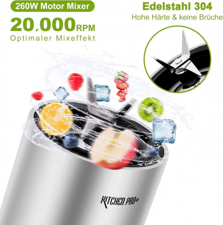 Kitchen Pro + Kitchen Pro + Smoothie-Maker mit 2 To Go Flasche 260W Mixer Blender, 260,00 W, 304-Edelstahl, Leicht zu reinigen, 2 Tritan-Trinkflaschen Kitchen Pro + прибор для приготовления смузи с 2 бутылками на вынос Миксер-блендер, 260 Вт, 260,00 Вт,