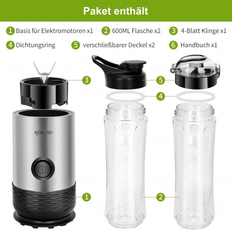 Kitchen Pro + Kitchen Pro + Smoothie-Maker mit 2 To Go Flasche 260W Mixer Blender, 260,00 W, 304-Edelstahl, Leicht zu reinigen, 2 Tritan-Trinkflaschen Kitchen Pro + прибор для приготовления смузи с 2 бутылками на вынос Миксер-блендер, 260 Вт, 260,00 Вт,
