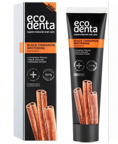 Ecodenta Aktivkohle Zahnpasta Black Cinnamon Whitening 100ml, Зубная паста с активированным углем и корицей, отбеливающая, без фтора, от налета и для свежего дыхания, 100 мл