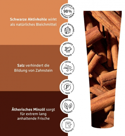 Ecodenta Aktivkohle Zahnpasta Black Cinnamon Whitening 100ml, Зубная паста с активированным углем и корицей, отбеливающая, без фтора, от налета и для свежего дыхания, 100 мл