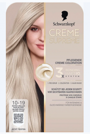 Schwarzkopf Creme Supreme 10-19, Стойкая крем-краска для волос Schwarzkopf Creme Supreme 10-19 Очень светлый перламутровый блонд, интенсивный уход и 100% закрашивание седины