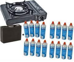 JUNG JUNG Gaskocher mobiler Campingkocher Gaskocher + 16 Kartuschen Gas, Autark verwendbar, (Gaskocher Notfall, Kartuschenkocher, Butangaskocher, praktischem Transportkoffer, erhitzen  aufwarmen Lebensmittel), mobiler Gaskocher, Outdoor geeignet Camping K