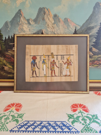 Картина винтажная "Древний Египет", папирус в позолоченной деревянной раме, 31 x 40 см, Германия, 1960-70гг.