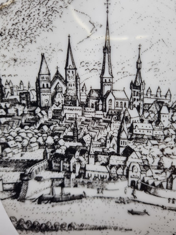 Altenkunststadt Декоративная квадратная тарелка в черно-белом цвете с изображением города Трир, 20 см, Германия, 1970-80гг.