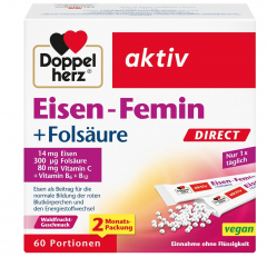 Doppelherz (Доппельхерц) aktiv Eisen-Femin DIRECT 60st, Железо для женщин с витамином C ,  гранулы растворяются на языке, 60шт