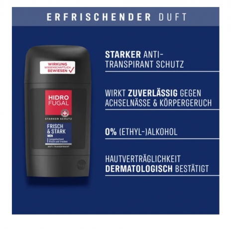 Hidrofugal MEN Frisch Stark Anti-Transpirant Stick 50ml, Дезодорант антиперспирант-стик для мужчин, со свежим ароматом и усиленной зашитой, 50мл