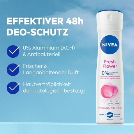 NIVEA Fresh Flower Deodorant Spray, 150 ml, Нивеа Дезодорант спрей, цветочный аромат, 0% алюминия, формула INFINIFRESH, 48ч защита, 150 мл
