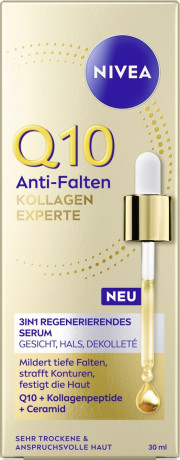 NIVEA Q10 Anti-Falten Kollagen Experte 3in1 Serum, 30 ml, Нивеа Сыворотка для лица 3 в 1, Q10, коллагеновые пептиды и церамиды, восстановление коллагена, 30 мл