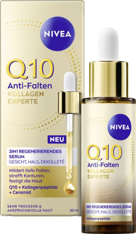 NIVEA Q10 Anti-Falten Kollagen Experte 3in1 Serum, 30 ml, Нивеа Сыворотка для лица 3 в 1, Q10, коллагеновые пептиды и церамиды, восстановление коллагена, 30 мл