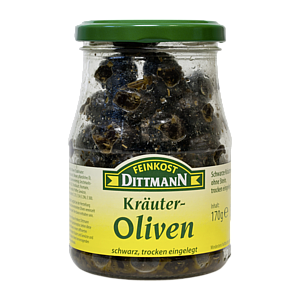 Feinkost Dittmann Оливковки с травами черные маринованные 170г