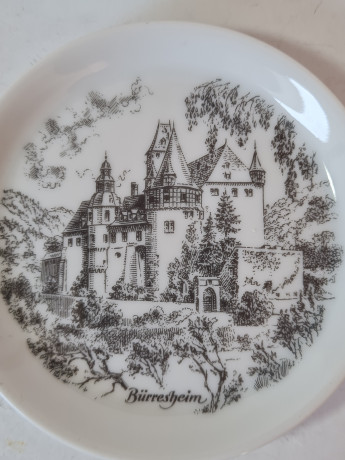 Набор декоративных тарелок винтаж Rheinpfalz  с изображением Нойхаус-Лангенбург-Бюрресхайм-Детнольд, 4шт х 9,5 x 1,5 см, Германия, 1960-70гг.