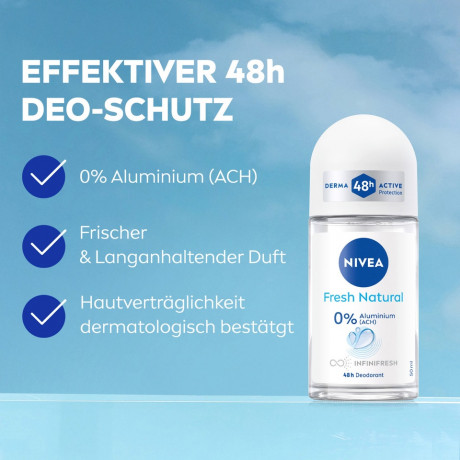 NIVEA Fresh Natural Deo Roll-On, 50 ml, Нивеа Дезодорант ролик, морские экстракты, 0% алюминия, формула INFINIFRESH, 48ч защита, 50 мл