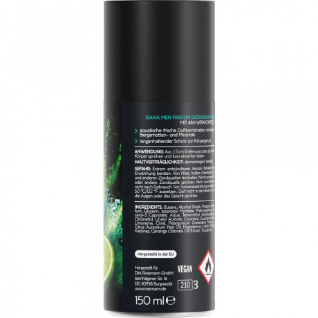 ISANA MEN Parfum Deodorant Atlantic Breeze 150ml, Изана Мужской парфюмированный дезодорант-спрей, морская свежесть и бергамот, 48ч защита, 150 мл