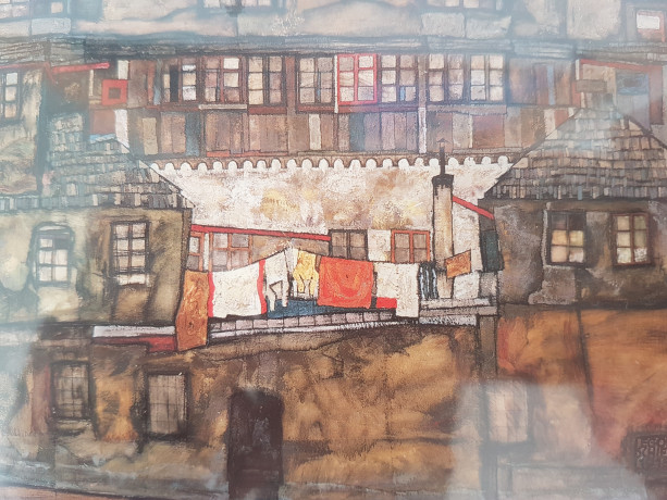 Картина винтажная "Стена дома у реки" Egon Schiele, деревянная рама, 22 x 17 см, Германия, 1960-70гг.