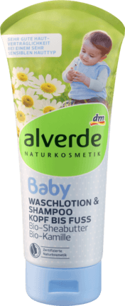 alverde NATURKOSMETIK Baby Waschlotion und Shampoo Kopf bis Fuss Лосьон для купания и Шампунь с головы до ног c Био-маслом Ши и Био-экстрактом Ромашки, 200 мл